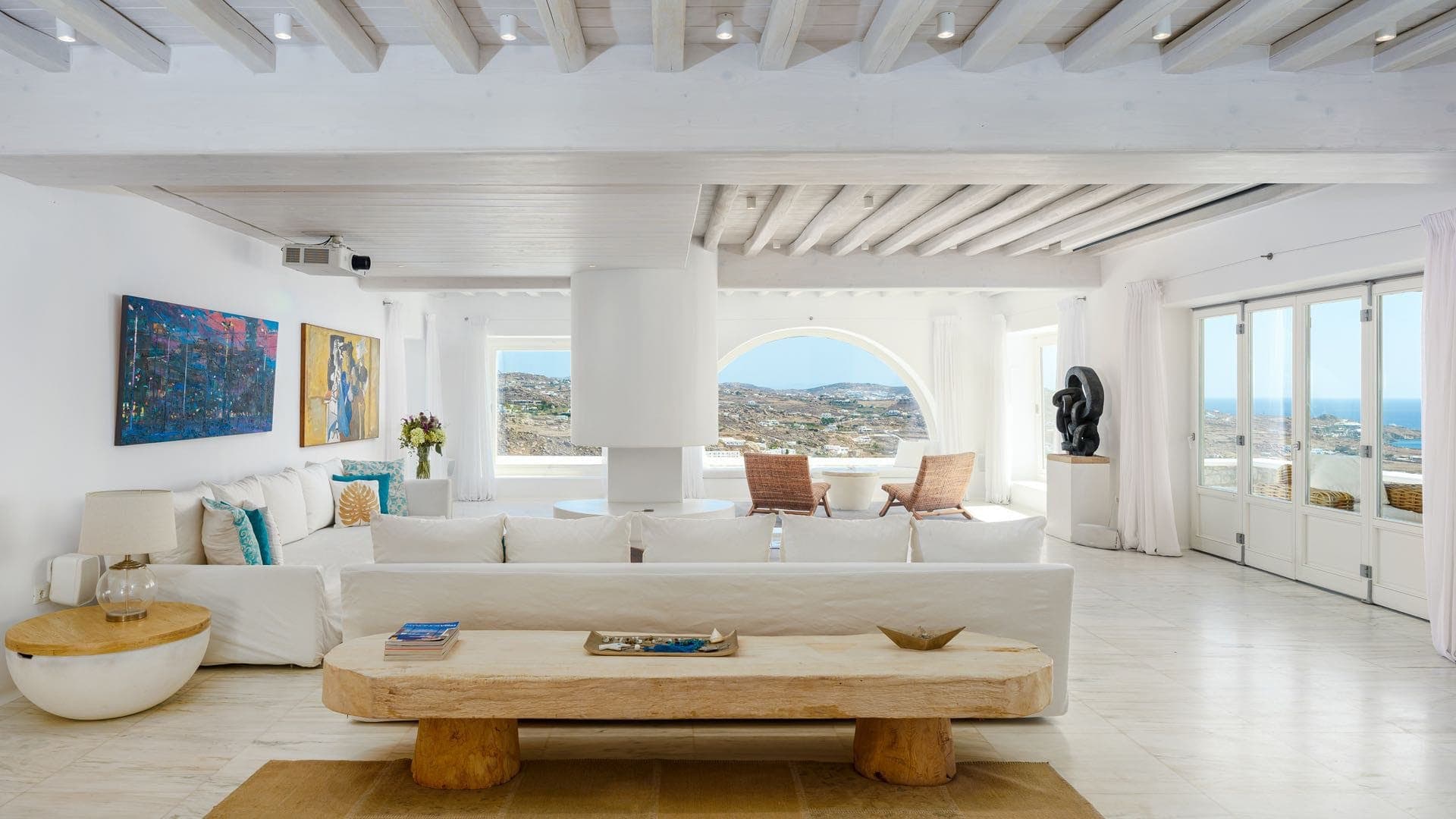 Villa Metis beamed living room with Aegean views